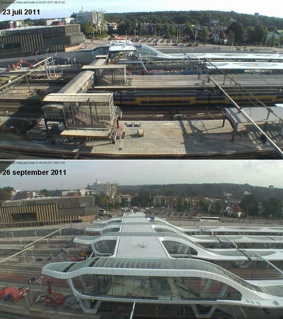 station Arnhem Centraal vergelijking van de luchtbrug voor en na.